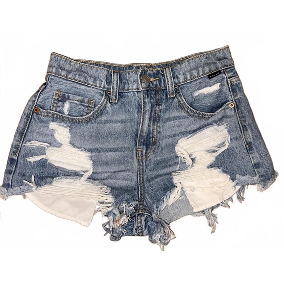 Cello Pants - Women's Classic Five Pocket Cello High Rise Frayed Distressed Denim Shorts XS